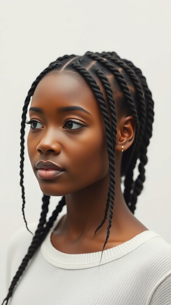 A close-up of a young woman with short boho knotless braids, showcasing a stylish and trendy hairstyle.