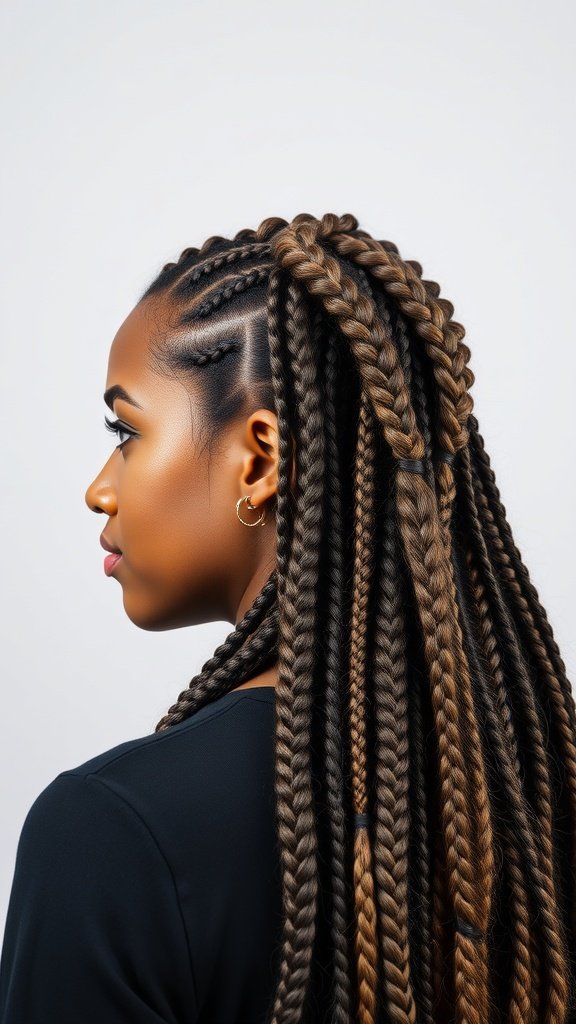 A woman with short boho knotless braids styled elegantly.