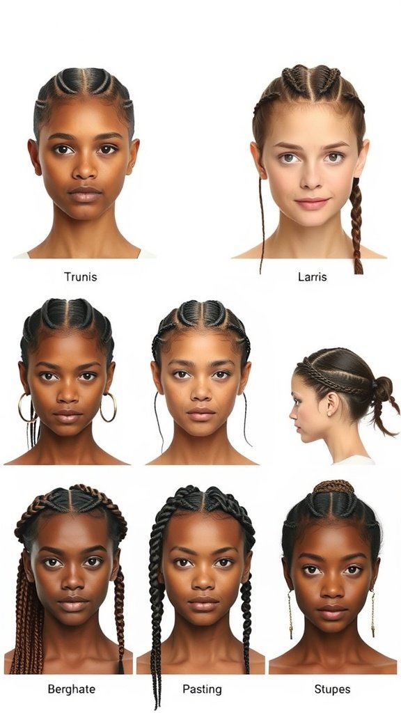 Different styles of knotless braids suitable for various face shapes.