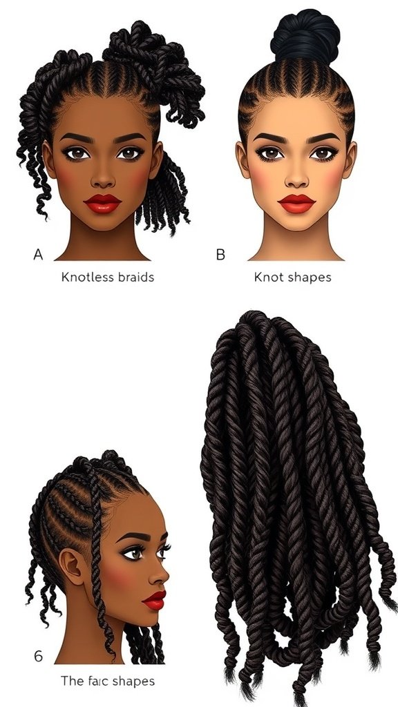 Illustration of various knotless braid styles, showcasing different shapes and lengths.