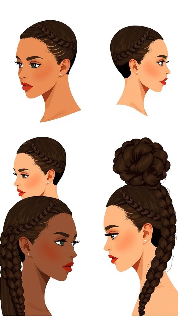 Illustration of different knotless braid styles for various face shapes.