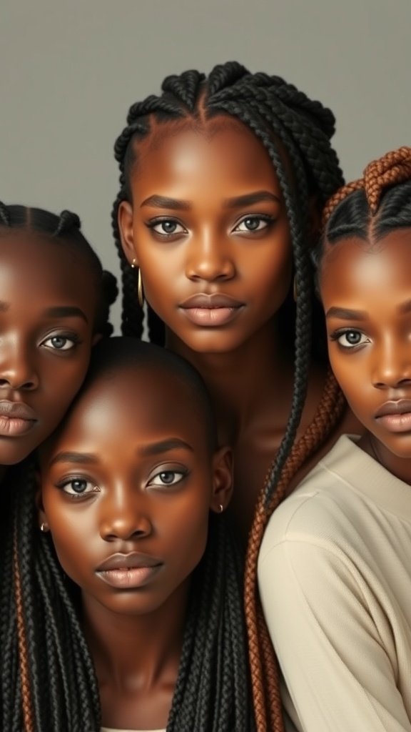 A group of women showcasing different styles of xs knotless braids, highlighting diversity in hair and beauty.