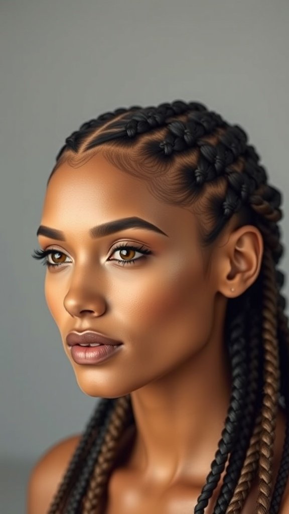 A woman with short knotless braids, showcasing a stylish hairstyle that complements her face shape.