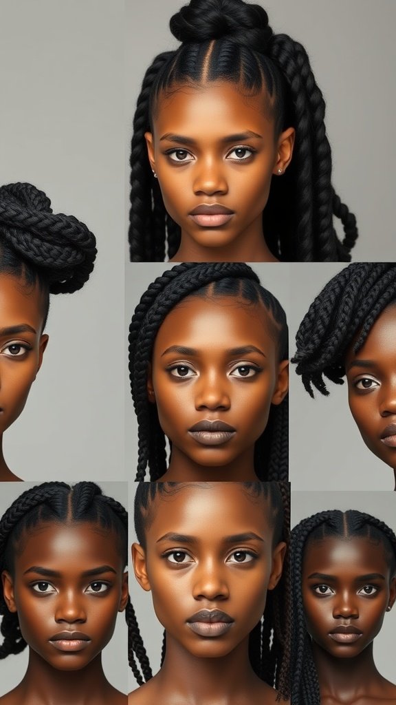 A collage of different styles of short knotless braids on various face shapes.