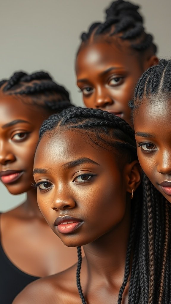 A group of women showcasing different styles of knotless braids, highlighting their beauty and individuality.