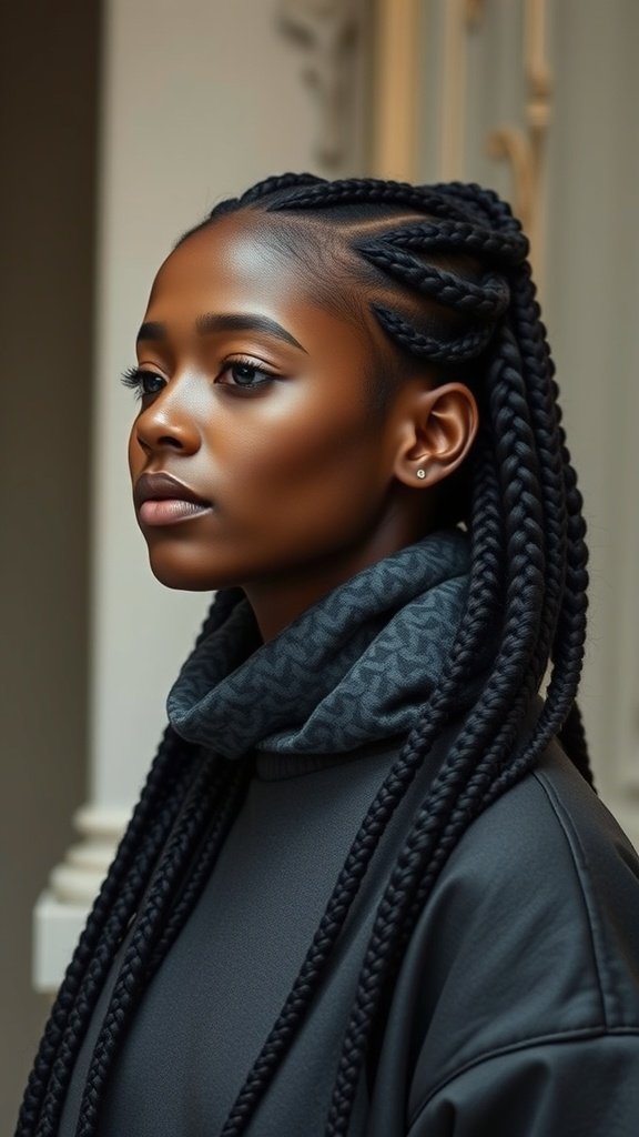 A woman with a stylish boho knotless braids bob hairstyle, showcasing the beauty of knotless braids.