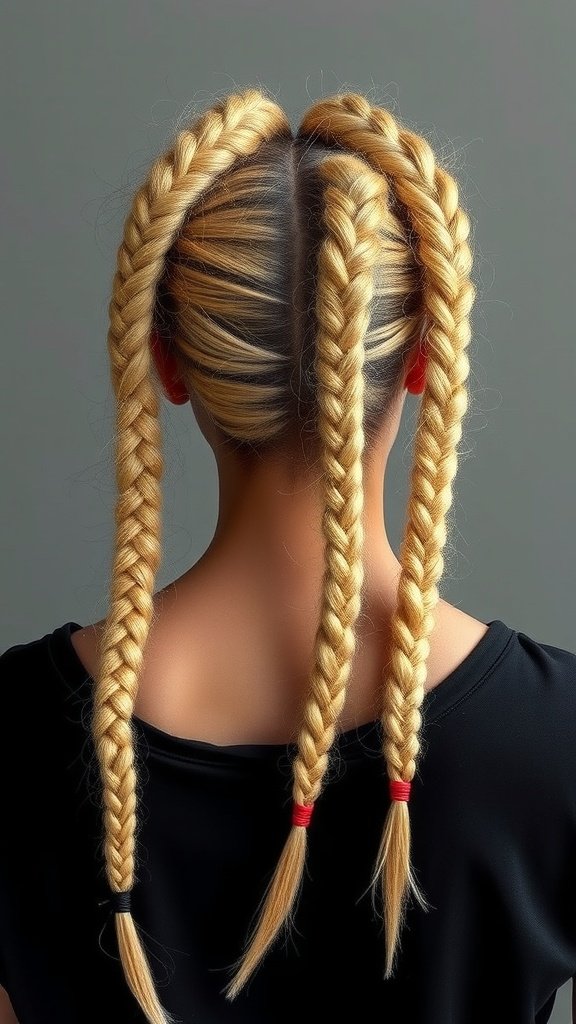 Blonde boho knotless braids styled in two sections with colorful hair ties.