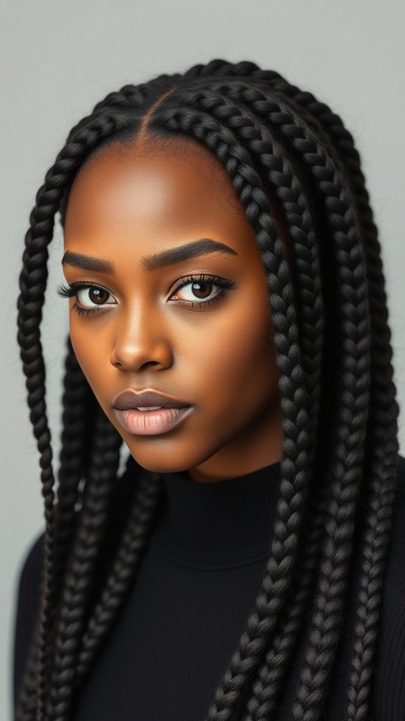 A close-up of a person with knotless braids, showcasing a sleek and stylish hairstyle.