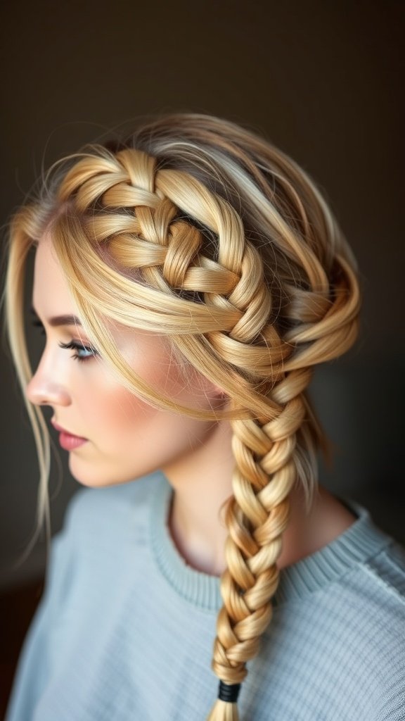 A close-up of a woman with blonde knotless braids styled elegantly.