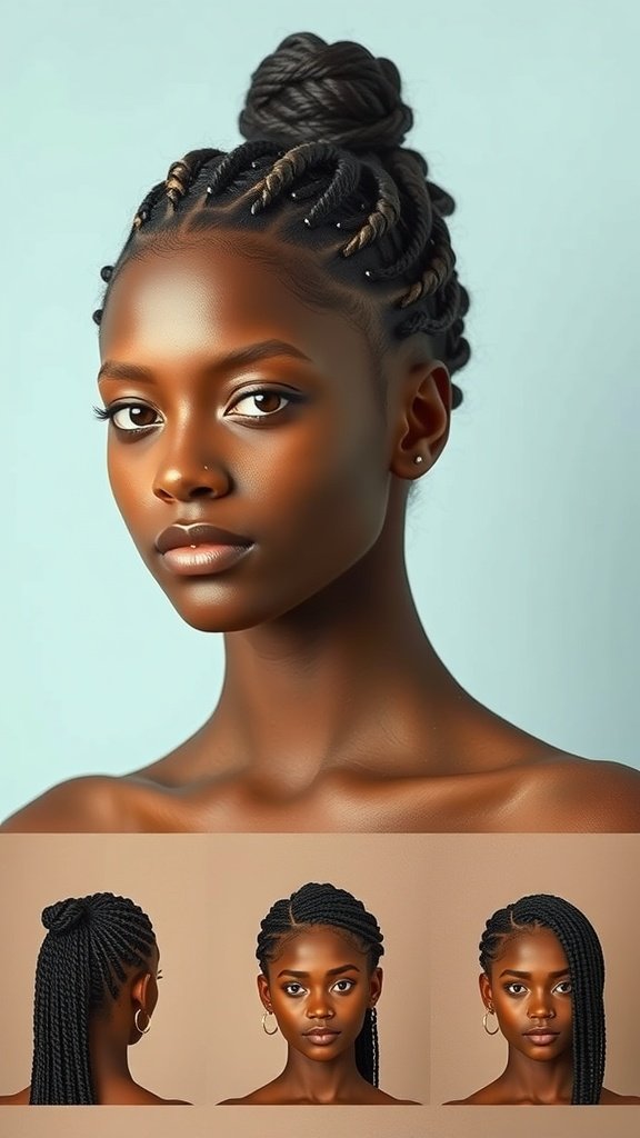 A model showcasing different styles of knotless braids, emphasizing versatility and elegance.