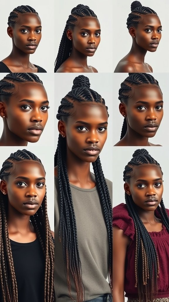 A collage of different knotless braid styles showcasing various lengths and designs.