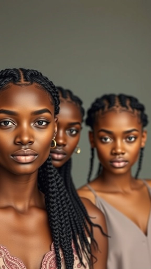 Three individuals with small knotless braids showcasing different styles and face shapes.