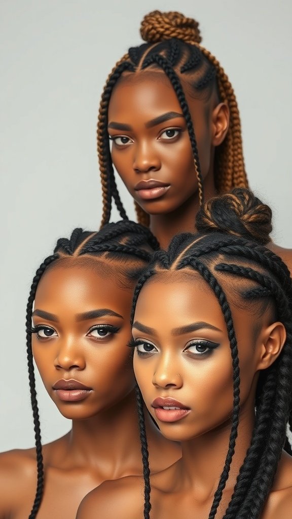 Three women showcasing different styles of knotless braids, emphasizing versatility and beauty.