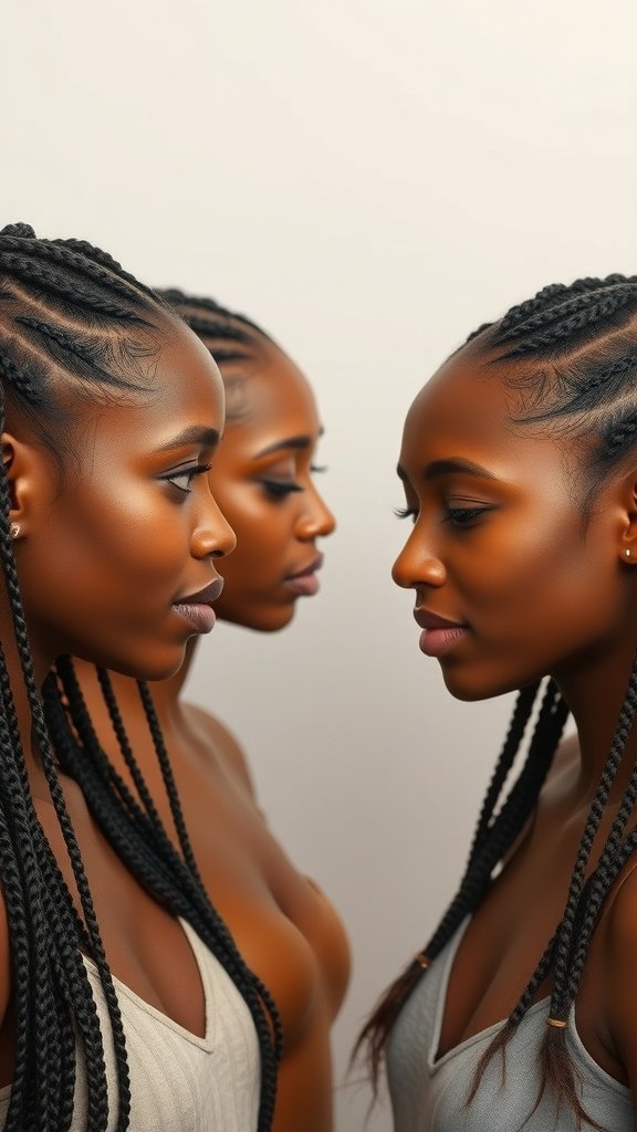 Three individuals with small knotless braids, showcasing different face shapes and styles.