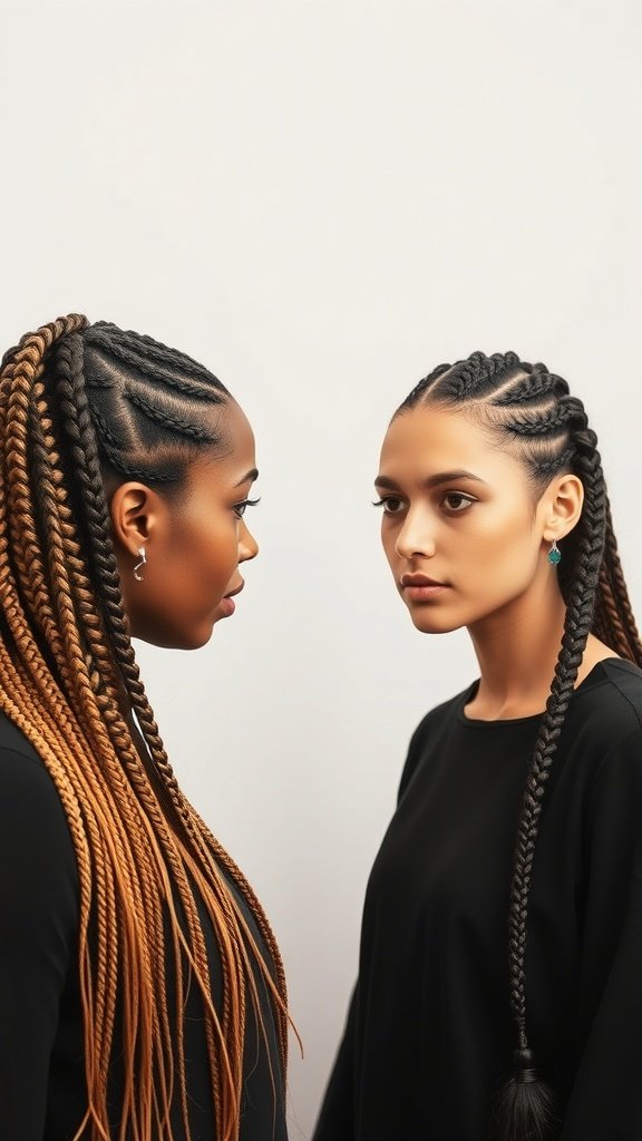 Two women facing each other with large knotless braids, showcasing different styles and colors.