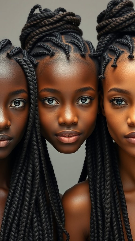 Three models showcasing large knotless braids, emphasizing different face shapes and styles.
