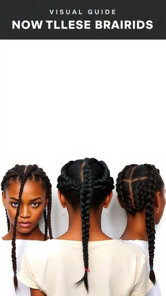 A visual guide showcasing various knotless braid styles from different angles.