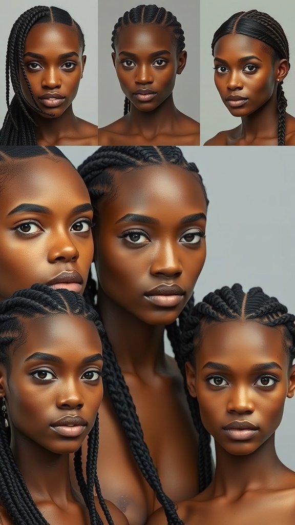 A collage showcasing various styles of knotless braids on different faces.