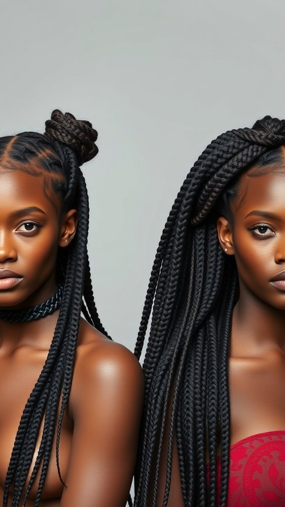 Two models showcasing different styles of small boho knotless braids.