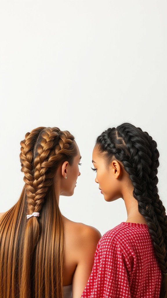 Two women showcasing different styles of knotless braids, one with long straight hair and the other with a textured braid.