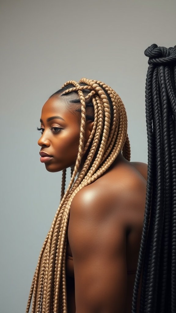 A woman showcasing small boho knotless braids in two different colors, highlighting the beauty of knotless braiding.