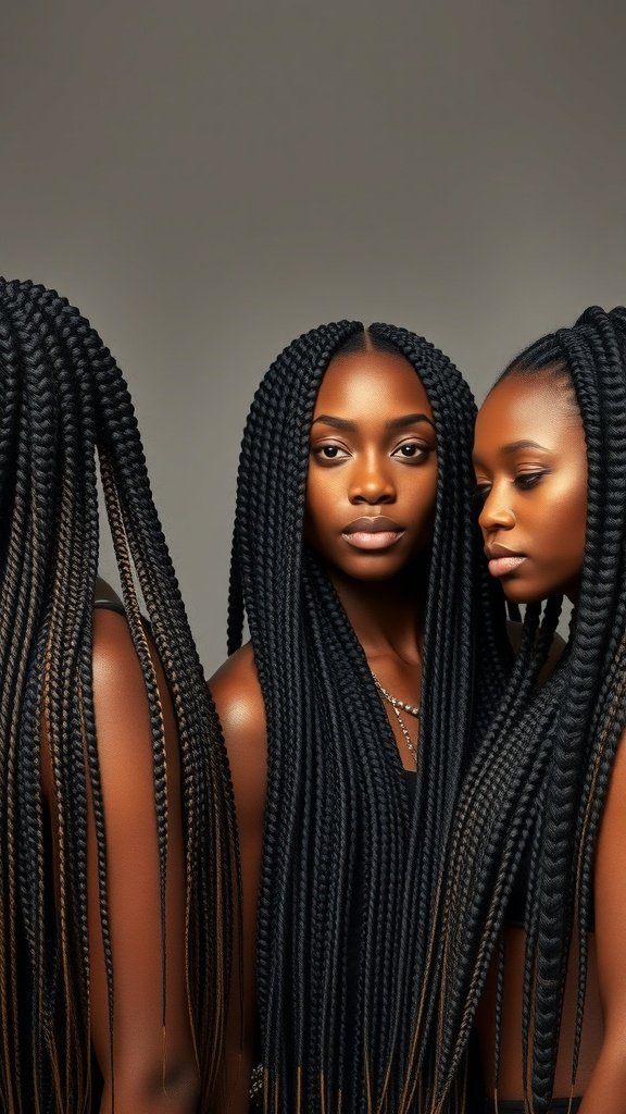 A beautiful display of knotless braids showcasing different lengths and styles.