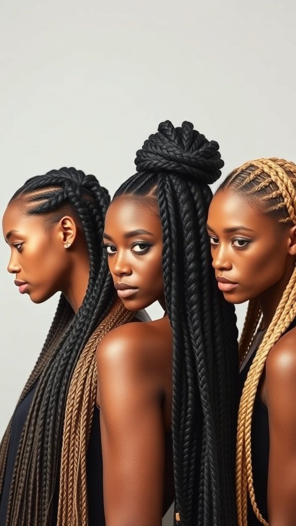 Three women showcasing different styles of knotless braids in various lengths and colors.