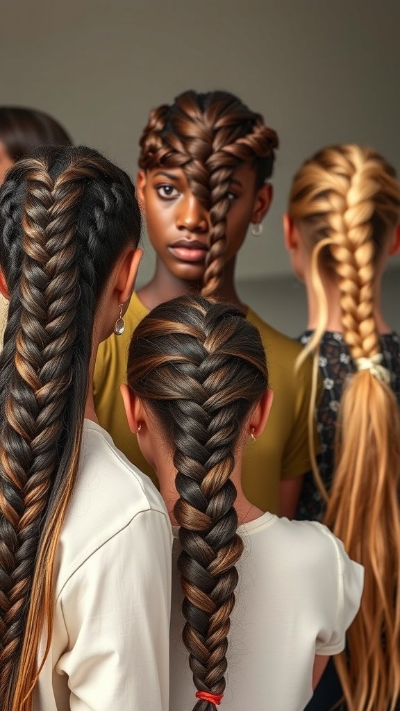 A group of individuals showcasing different styles of knotless braids, highlighting various hair lengths and textures.
