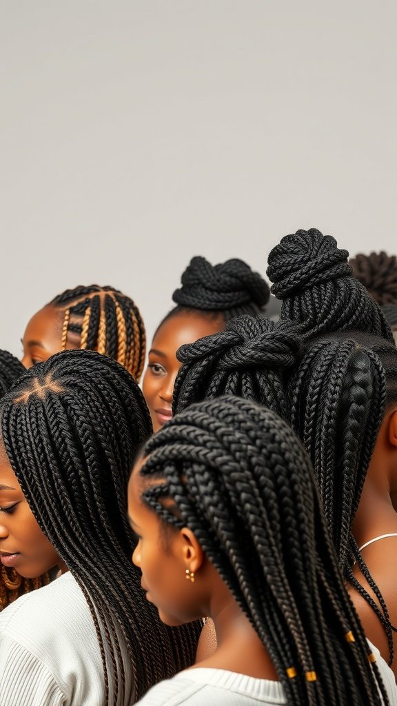 A group of women showcasing various styles of knotless braids with curly ends.