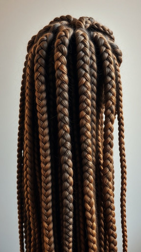 Close-up of small boho knotless braids in a stylish arrangement.