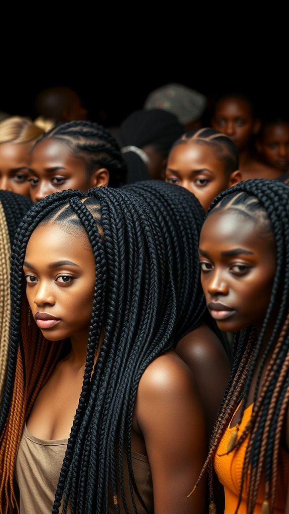 A group of women showcasing large boho knotless braids, highlighting different hair textures and styles.