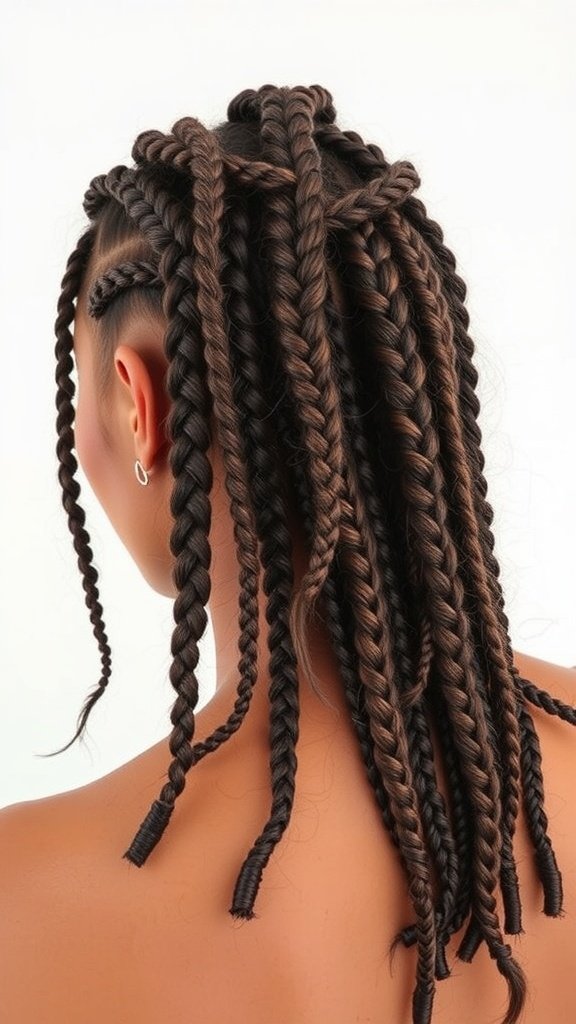 A close-up view of knotless braids showcasing a mix of textures and styles.