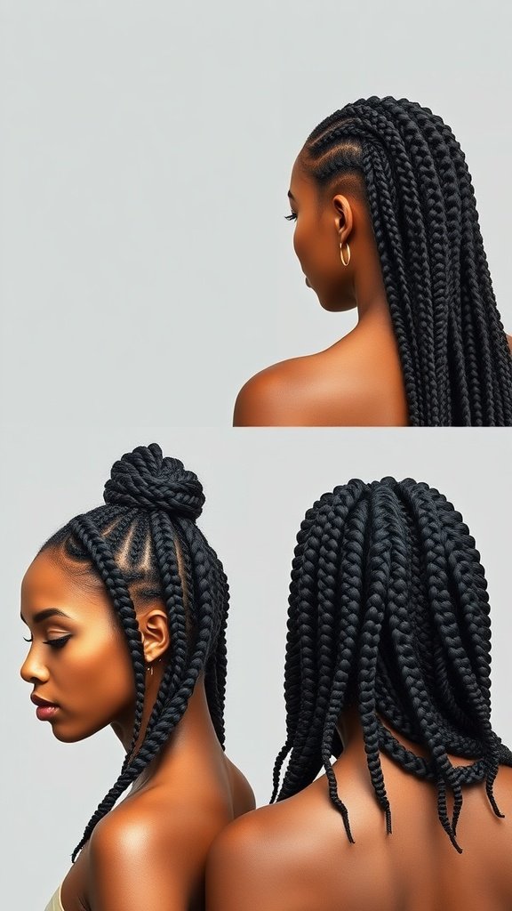 Image showcasing knotless braids styled in various ways, highlighting versatility and beauty.