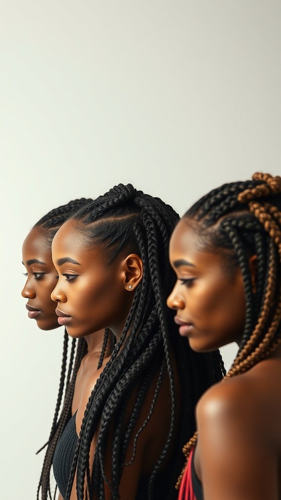 Three individuals showcasing long knotless braids, each with a unique style.