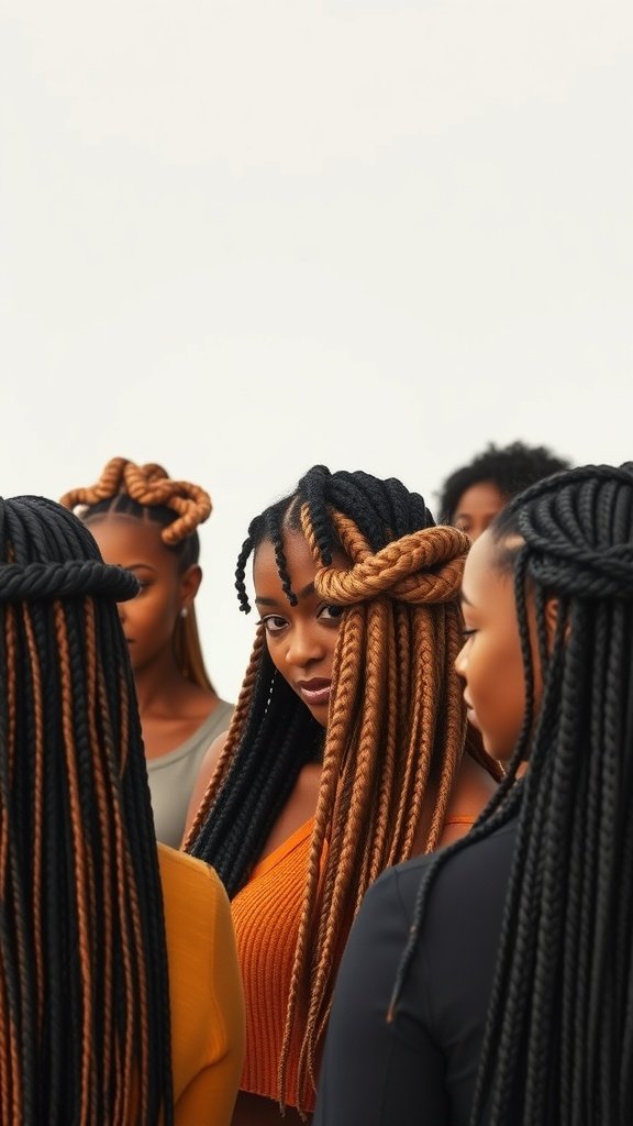 A group of women with stylish knotless braids, showcasing different hair textures and colors.