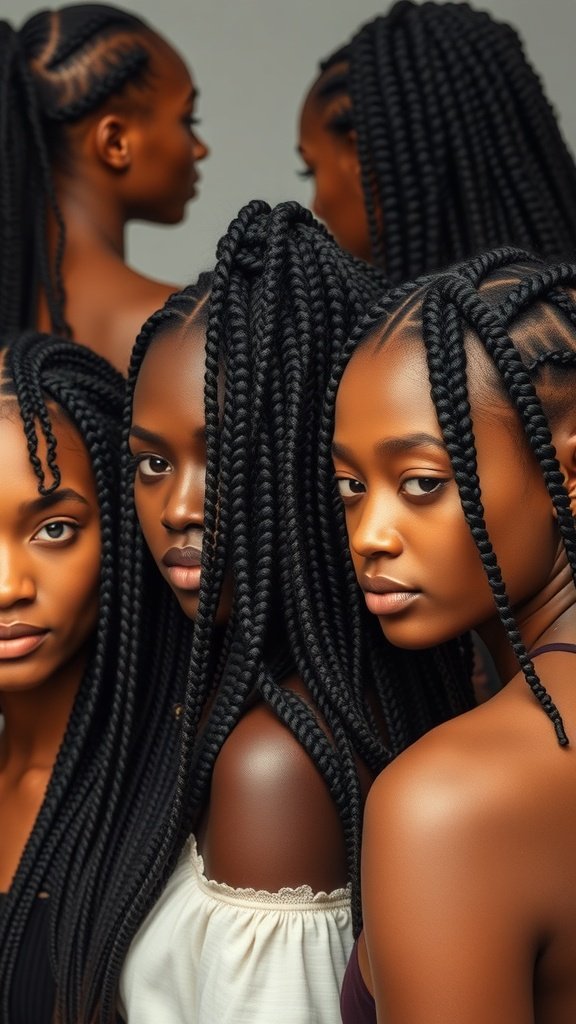 A group of women showcasing various styles of knotless braids, highlighting their beauty and versatility.