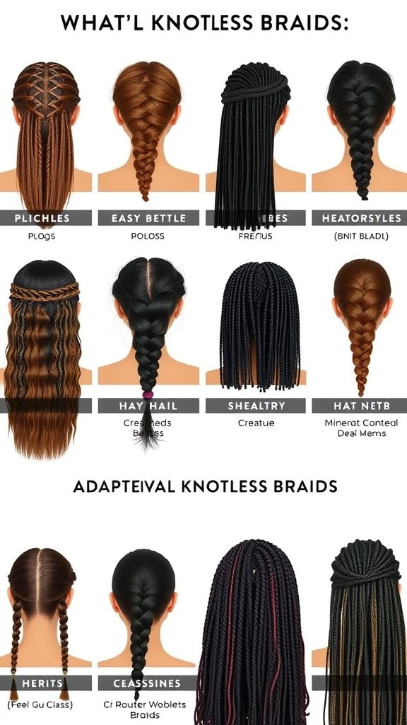 Different styles of knotless braids displayed on various hair types.
