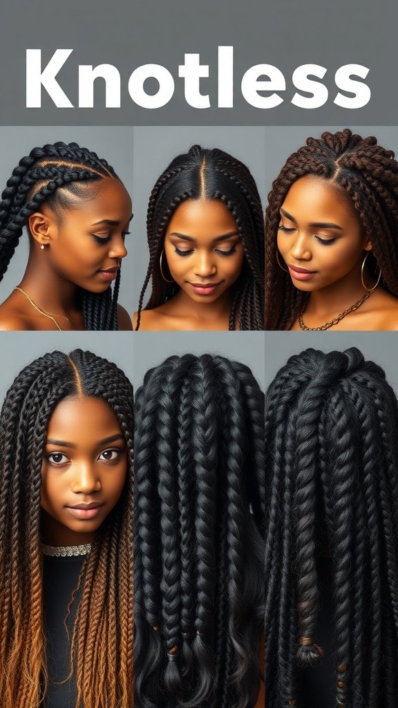 Various styles of knotless braids showcasing versatility and beauty