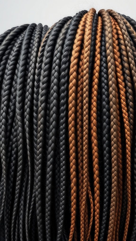 An assortment of large knotless box braids in various colors, showcasing their versatility and style.