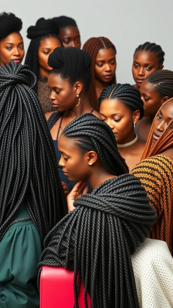 A group of women showcasing various styles of knotless twist braids, highlighting diversity in hair types and styles.