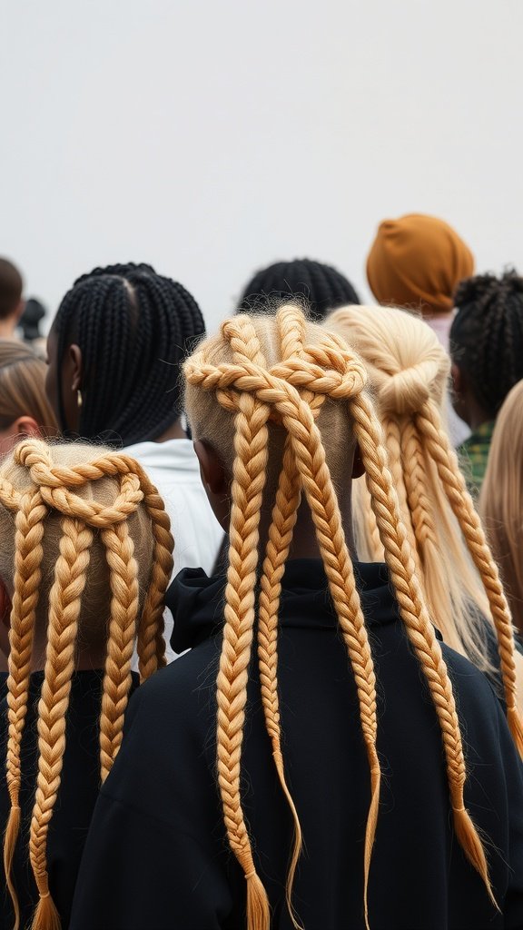 A group of people with honey blonde knotless braids, showcasing different hair types.