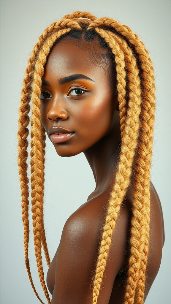 A close-up of a model showcasing honey blonde knotless braids, highlighting the texture and color.