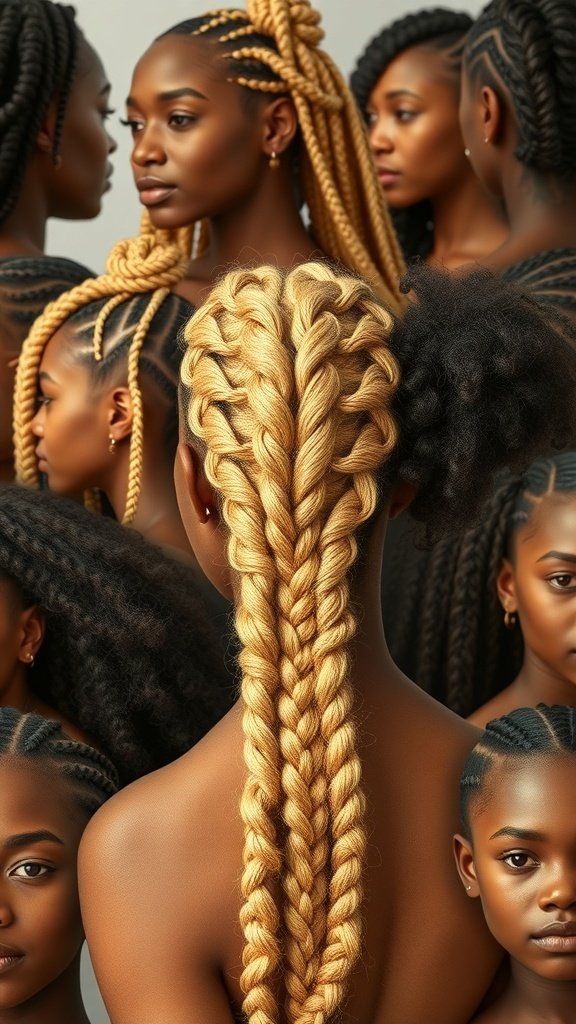 A collection of various knotless braid styles, showcasing different lengths and colors, particularly honey blonde.