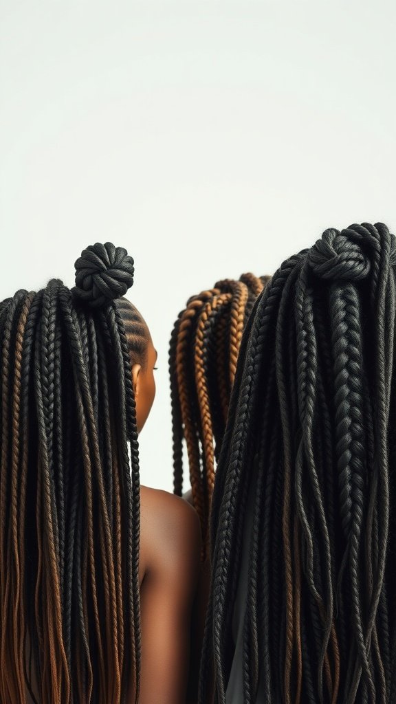Two individuals with long knotless braids styled in different colors.