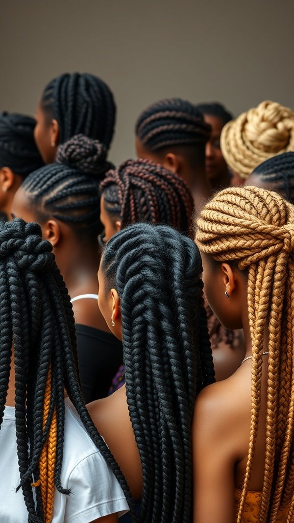 A group of women showcasing various styles of large knotless braids in different colors.