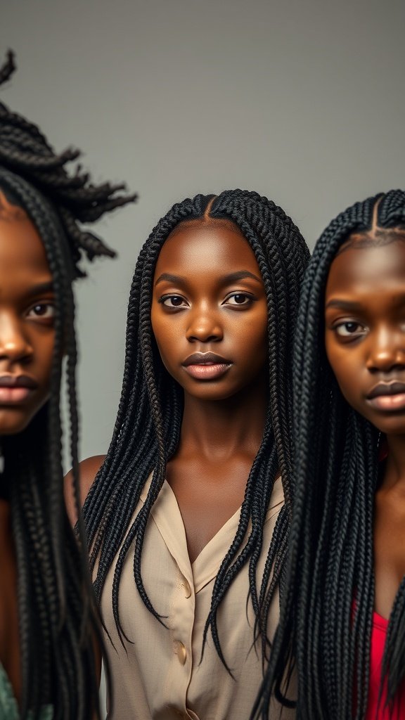 Three individuals with medium boho knotless braids, showcasing different styles and lengths.