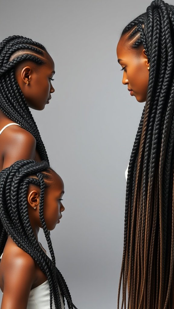 Three individuals with varying lengths of knotless braids, showcasing different styles and colors.