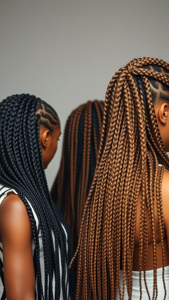Image showing different styles of knotless braids in various lengths and colors.