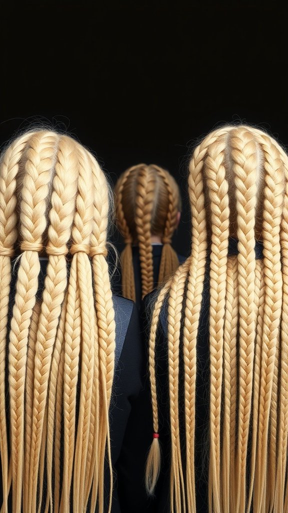 Three women with long blonde knotless braids styled in different lengths.