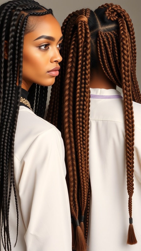 Two women showcasing different styles of knotless braids, one with black braids and the other with honey brown braids.